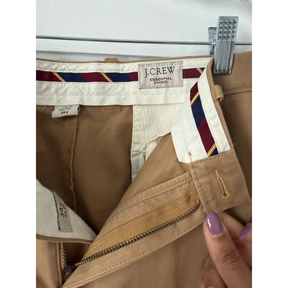 J.Crew Mens Tan Essential Khaki Flat Front Straight Leg Cuffed Chino Pants 34x32